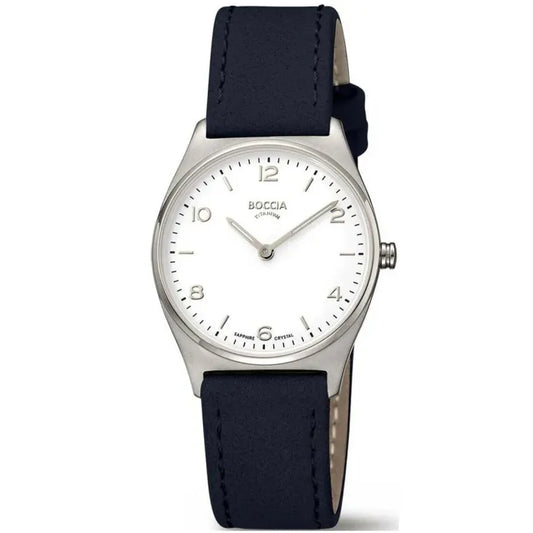 Boccia Titan-Armbanduhr für Damen mit blauem Lederarmband, weißem Zifferblatt und Zeigern