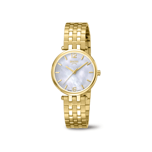 Boccia Damenarmbanduhr mit goldplattiertem Titanarmband und Saphirglas, weißem Zifferblatt