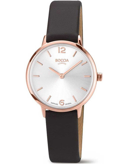 Damenuhr mit roségoldener Titanlünette, weißem Zifferblatt und schwarzem Lederarmband.