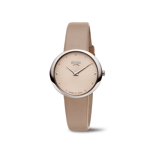 Damenarmbanduhr Boccia mit braunem Lederarmband und beigem Sonnenschliff-Zifferblatt