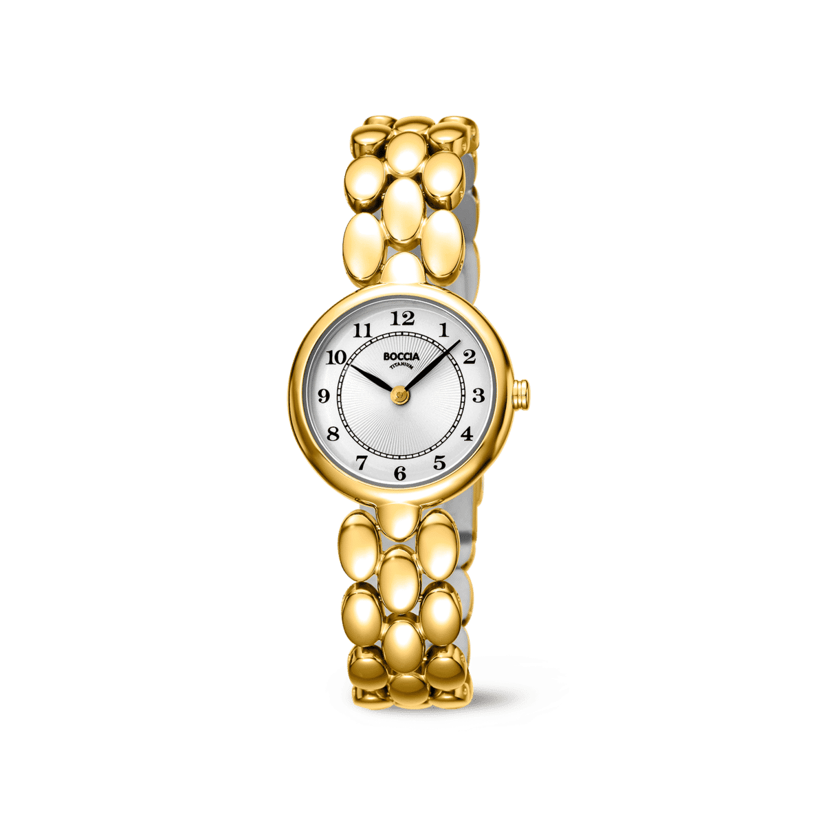 Damenarmbanduhr mit goldfarbenem Edelstahlarmband und weißem Zifferblatt