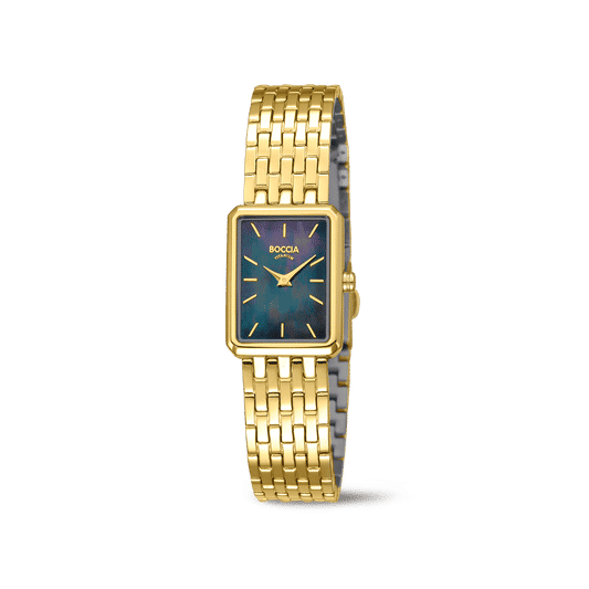 Boccia Damenarmbanduhr mit goldfarbenem Metallband und dunklem Perlmuttzifferblatt