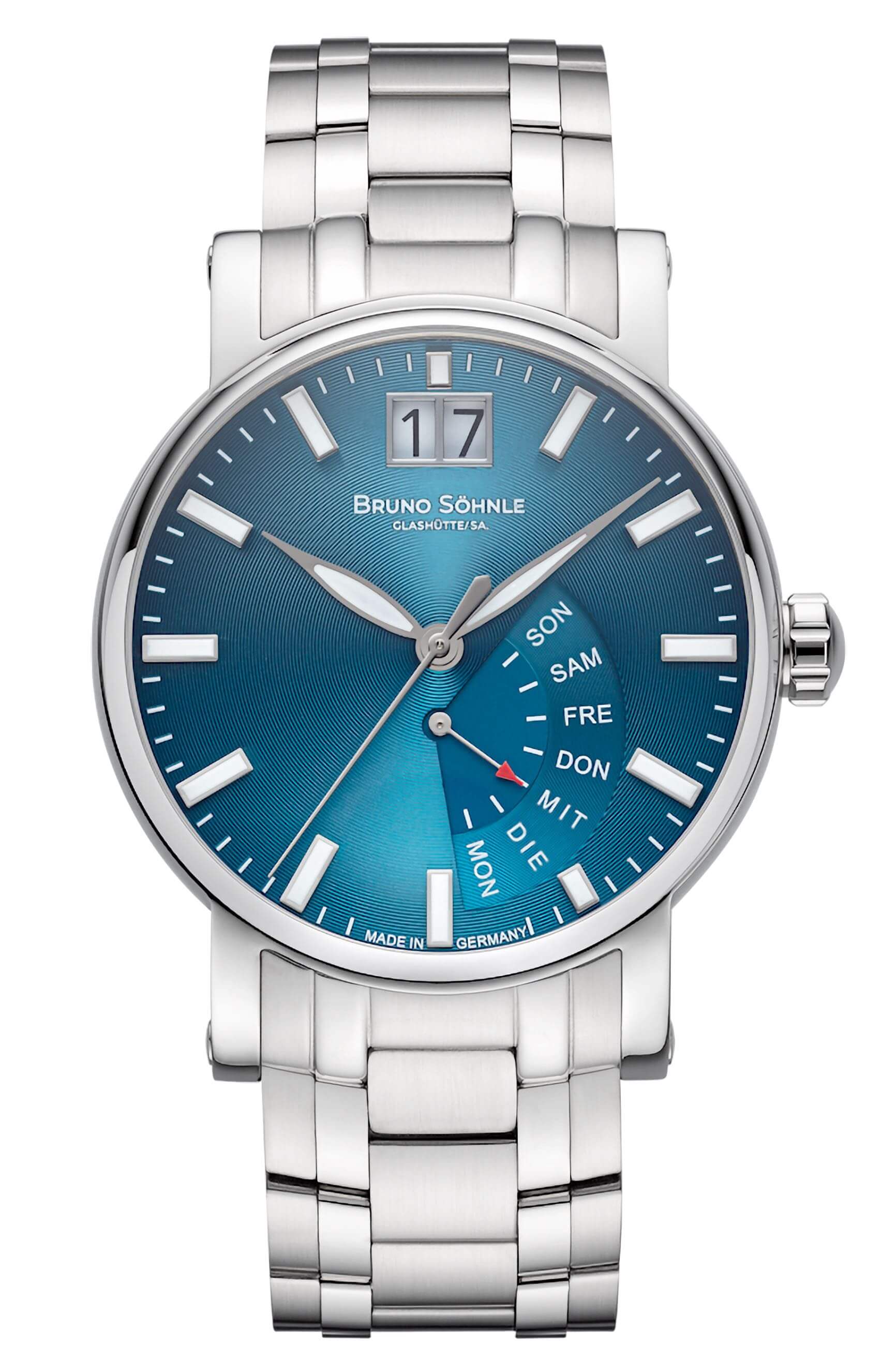 Uhr mit blauem Zifferblatt und silbernem Metallarmband, runde analoge Zeitanzeige