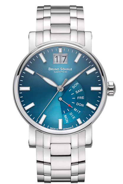Uhr mit blauem Zifferblatt und silbernem Metallarmband, runde analoge Zeitanzeige