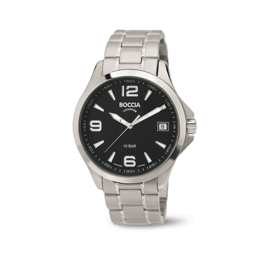 Herrenarmbanduhr Boccia mit schwarzem Zifferblatt, silbernem Metallarmband und Datum