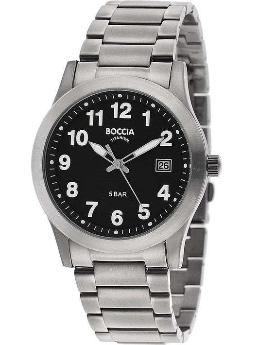 Herrenarmbanduhr Boccia mit Titanschließe, schwarzem Zifferblatt und Datumsanzeige