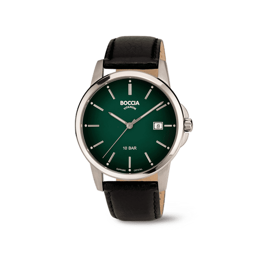 Herrenarmbanduhr Boccia mit Saphirglas: dunkles Lederband, grünes Zifferblatt, Titan-Look.