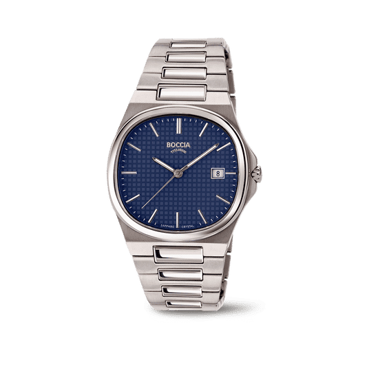 Herrenuhr von Boccia mit blauem Zifferblatt, Titangehäuse und Metallarmband