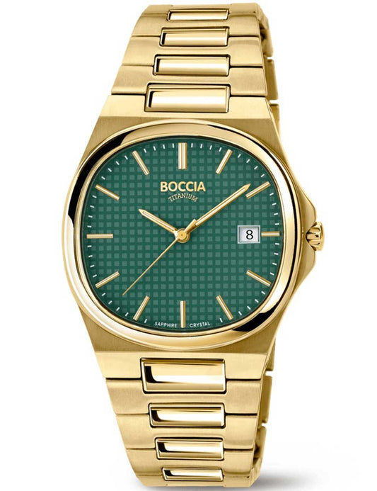 Boccia Titan-Herrenuhr mit grünem Zifferblatt und goldfarbenem Armband