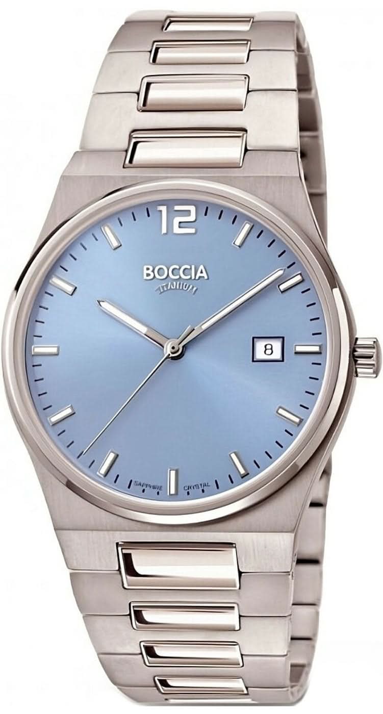 Boccia Herrenarmbanduhr mit silberfarbenem Edelstahlband, blauem Zifferblatt und Datumsanzeige