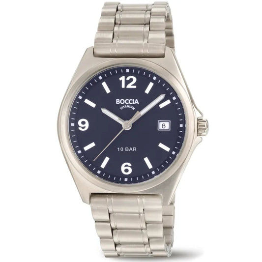 Herrenarmbanduhr mit blauem Zifferblatt, Titanarmband und Datumsanzeige bei 8 Uhr