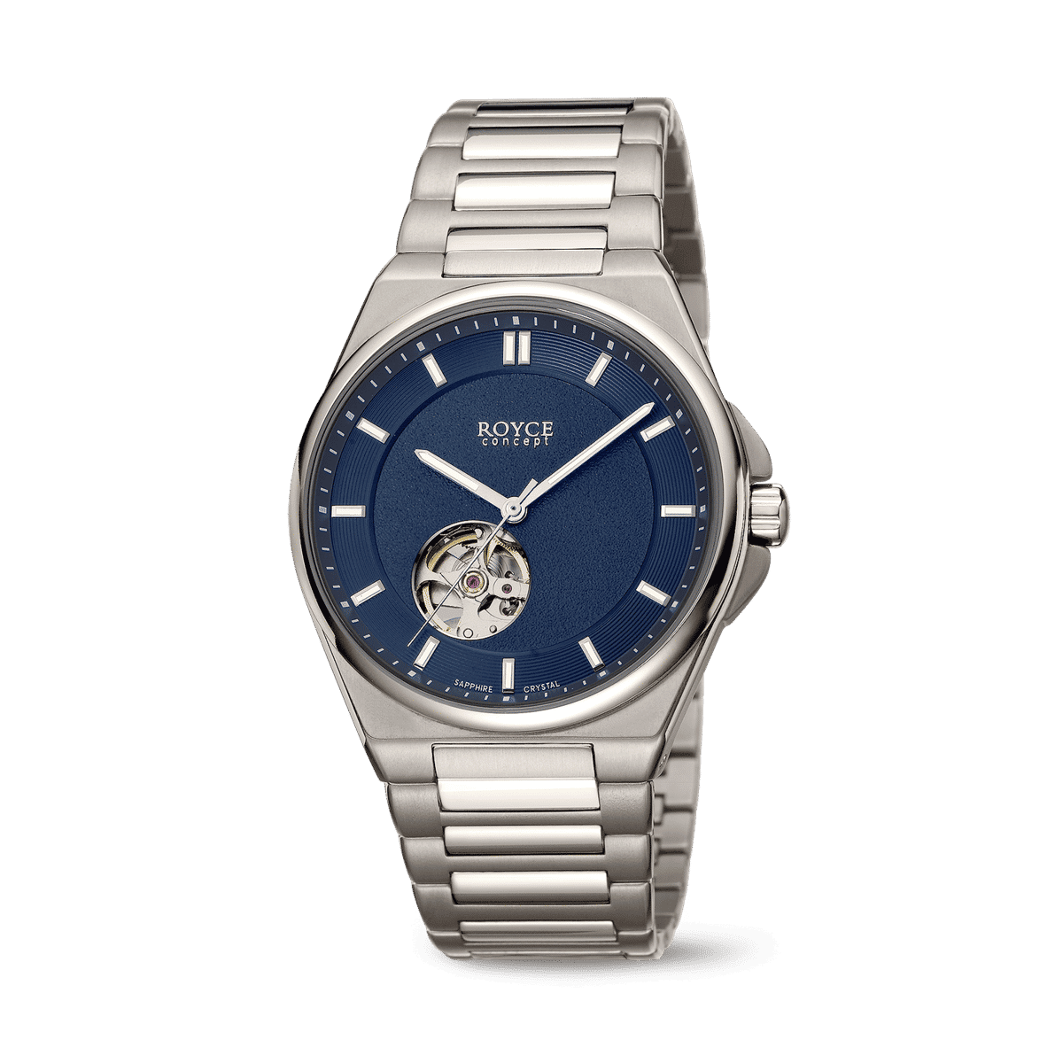 Herrenarmbanduhr Royce Automatik mit Stahlband, blauem Zifferblatt und sichtbarem Uhrwerk