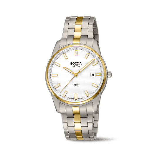 Boccia Herrenarmbanduhr mit weißem Zifferblatt und bicolor Titanband, Zeigerdatum
