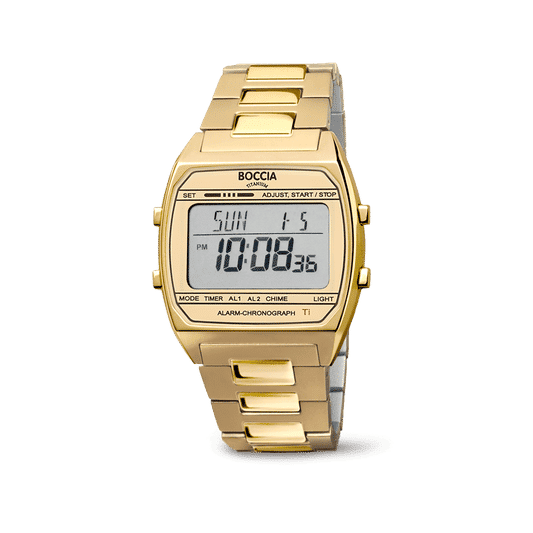 Herrenarmbanduhr mit goldfarbener Metallarmband, Digitaldisplay und Chronograph