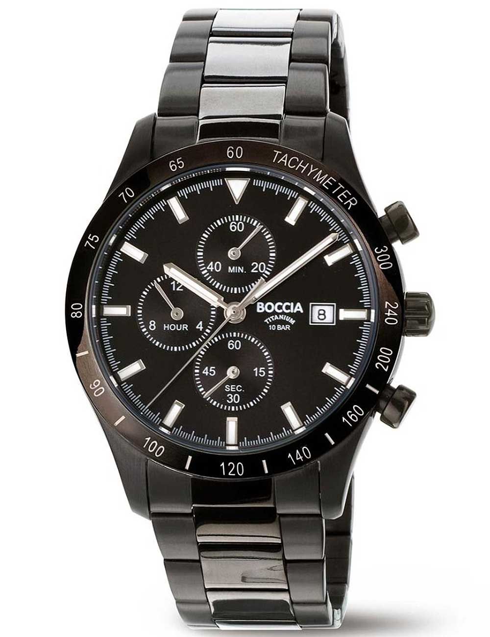 Boccia Titanium 3739-02 Herrenuhr Schwarz • Chronograph mit Datum • Gehärtetes Mineralglas