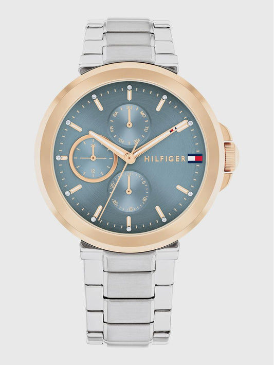 Tommy Hilfiger Damenarmbanduhr mit blauem Zifferblatt, roségoldenem Gehäuse und Edelstahlband
