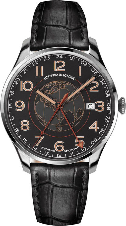 Orologio da uomo con cinturino in pelle nera e cassa in argento, quadrante scuro