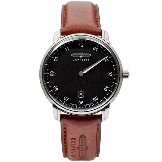 Zeppelin Captain's Line Swiss Movement 86422 Herrenuhr Schwarz • ETA F06.111 Quarzwerk • Braunes Kalbslederarmband
