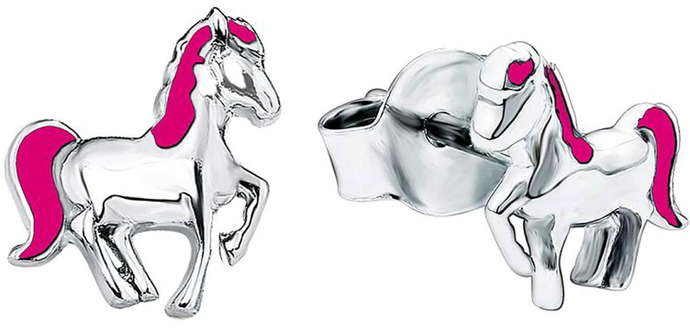 Ohrstecker aus 925 Sterling Silber mit Pferd, silberfarben und pink emailliert