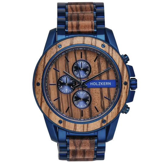 Holzkern Gareth Armbanduhr Blau-Braun • Quarzwerk • Edelstahl & Holz