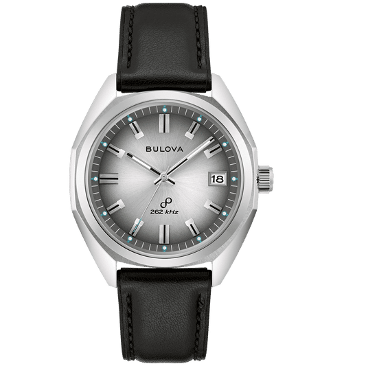 Bulova Herrenarmbanduhr: schwarzes Lederarmband, silbernes Gehäuse, graues Zifferblatt