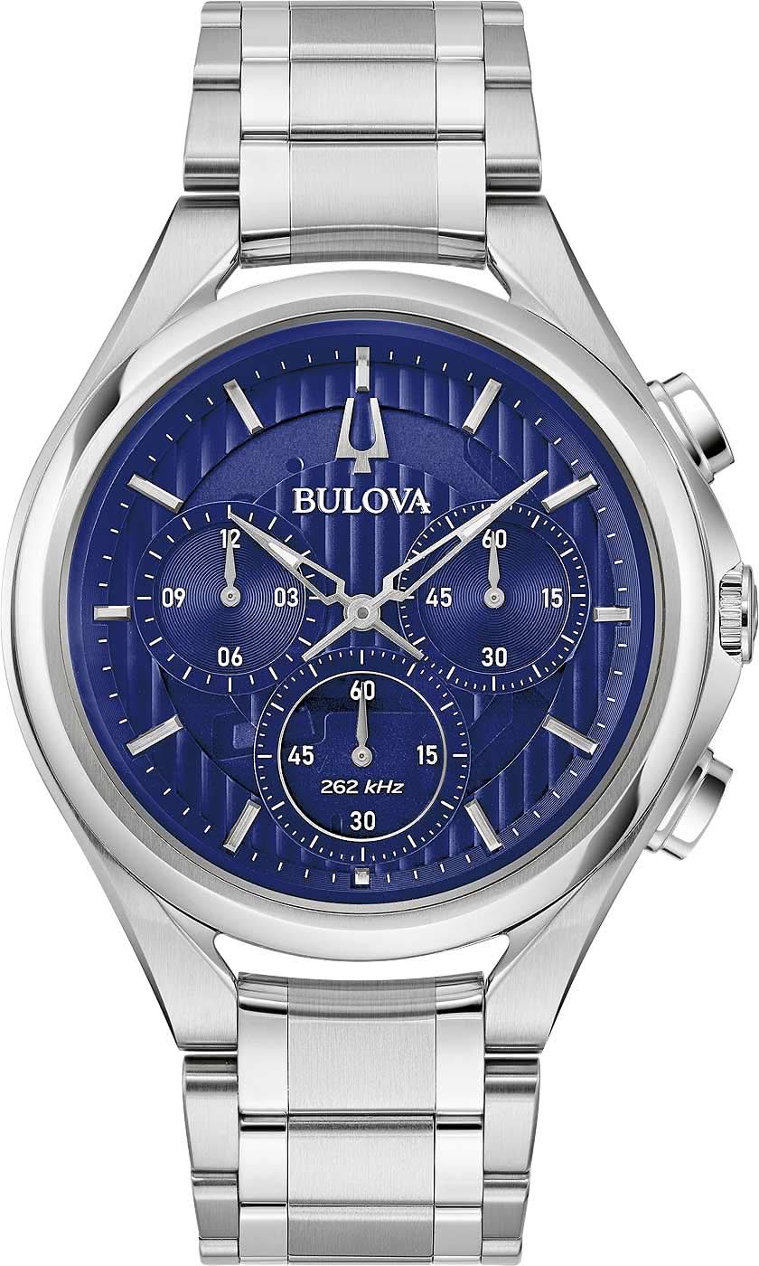 Bulova Herrenarmbanduhr: blaues Zifferblatt, Chronograph, gebogenes Edelstahlgehäuse, Metallarmband
