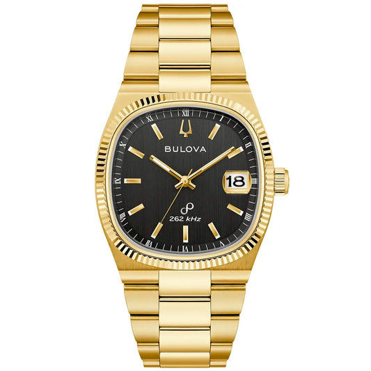 Herrenarmbanduhr Bulova mit schwarzem Zifferblatt, goldfarbenem Band und Datumsanzeige