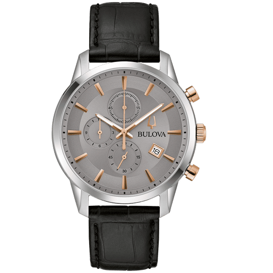 Herren-Chronograph-Uhr: graues Zifferblatt, Edelstahlgehäuse, schwarzes Lederarmband