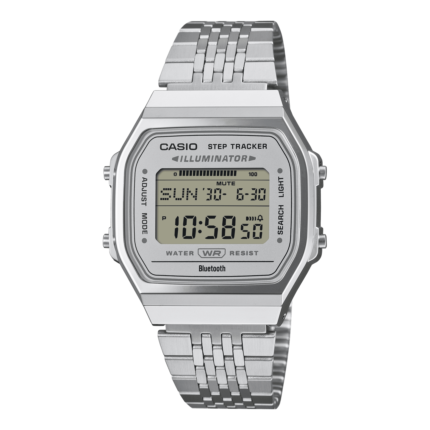 Casio Vintage Armbanduhr mit Metallband, Digitalanzeige und Bluetooth auf dem Zifferblatt