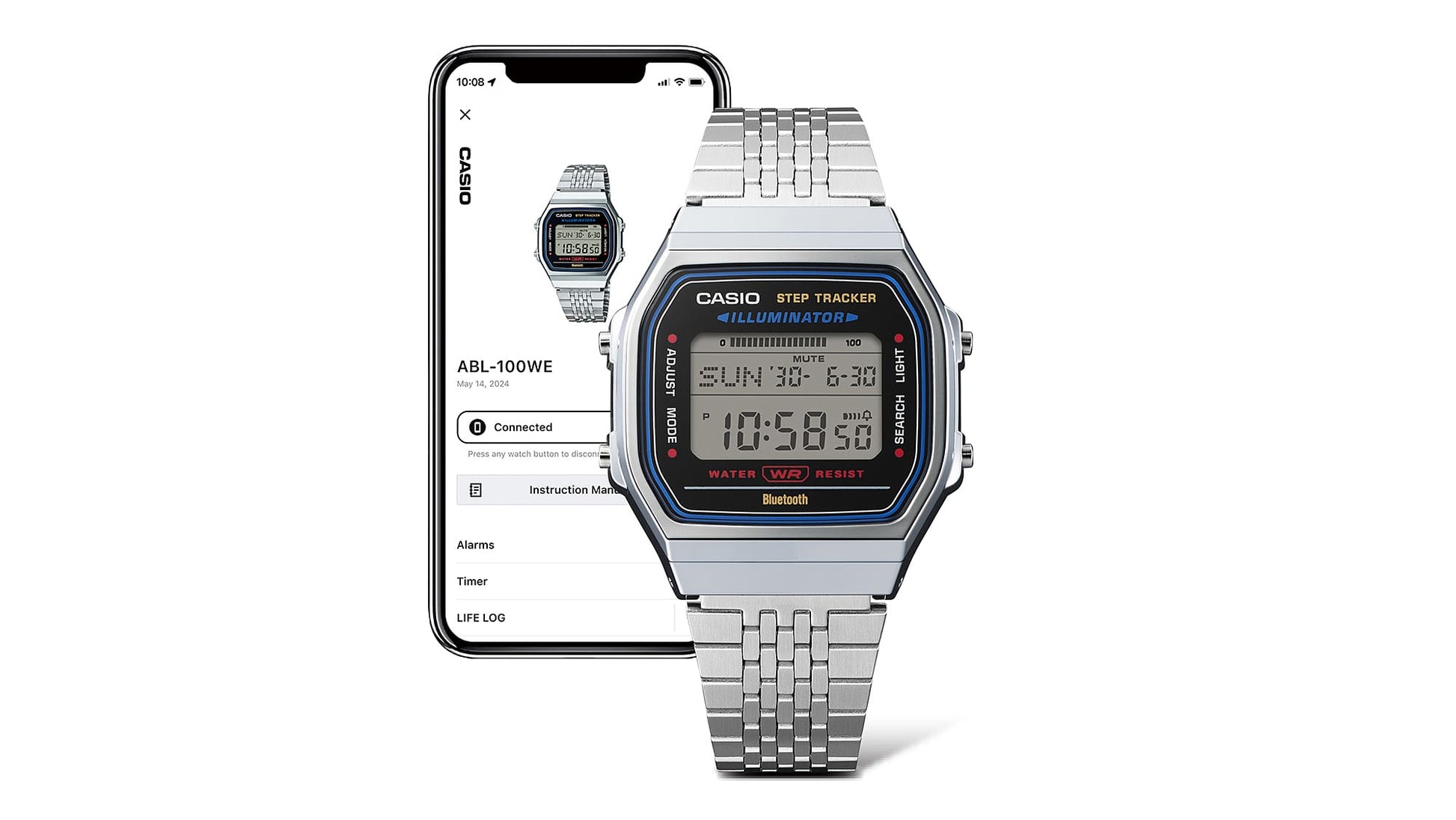 Casio Vintage ABL-100WE-2AEF Armbanduhr mit silbernem Metallband und Smartphone-Ansicht