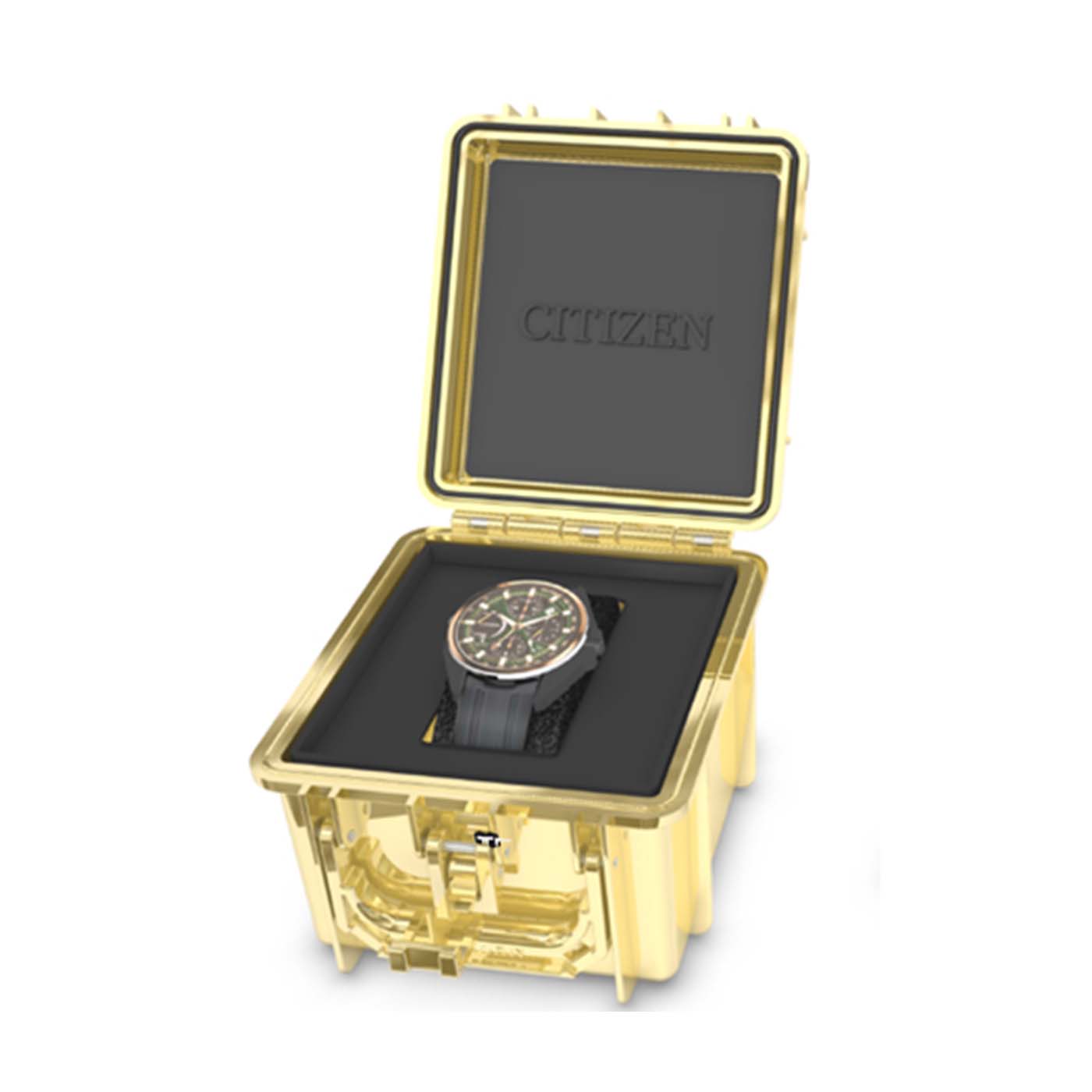 Armbanduhr im geöffneten goldfarbenen Uhrenetui, Uhr auf schwarzem Kissen