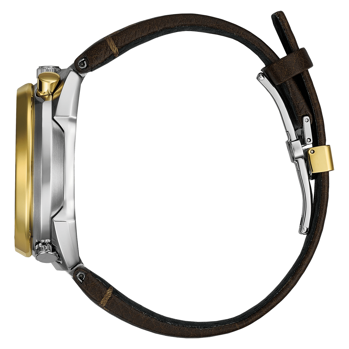 Citizen Promaster Land Armbanduhr Seitenansicht mit braunem Lederband und goldenen Details