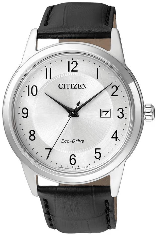 Citizen Eco-Drive Herrenuhr mit silbernem Zifferblatt und schwarzem Lederarmband, rund