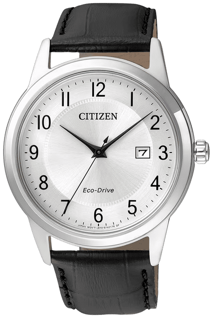 Citizen Eco-Drive Herrenuhr mit silbernem Zifferblatt und schwarzem Lederarmband, rund
