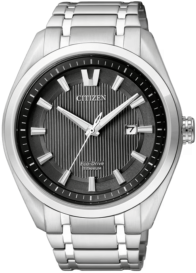 Citizen Herrenuhr mit Metallarmband, rundem schwarzem Zifferblatt und Datumsanzeige bei 7