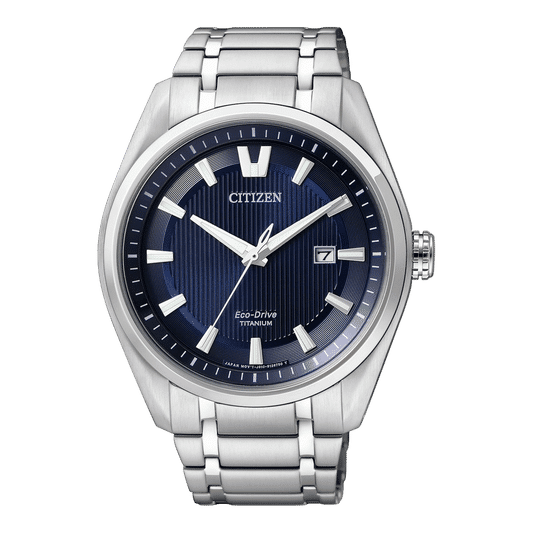Herrenarmbanduhr mit silbernem Metallarmband und blauem Zifferblatt, CITIZEN