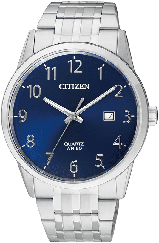 Citizen Herrenuhr mit blauem Zifferblatt, Quarzwerk, silbernem Edelstahlarmband