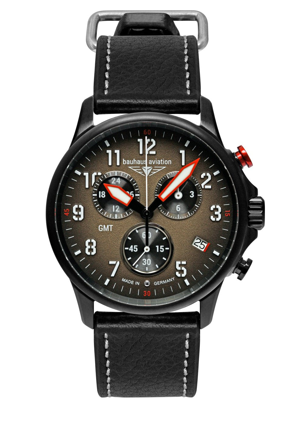Bauhaus Aviation 2886-1 Herrenuhr Schwarz/Braun • GMT-Chronograph • Schweizer Quarzwerk ETA