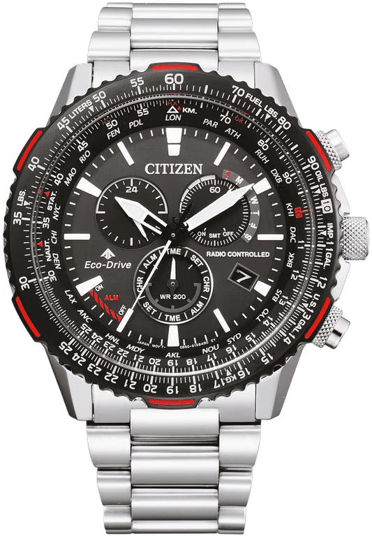 Citizen Sky Herrenuhr mit Edelstahlarmband, schwarzem Zifferblatt und roten Akzenten