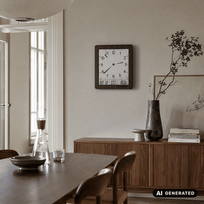 Wanduhr mit Holzrahmen, an der Wand montiert; Ziffernblatt mit Datum-, Tages- und Temperaturanzeige