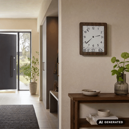 Wanduhr mit Holzrahmen an der Wand; analoges Ziffernblatt und Display mit 16,0 °C