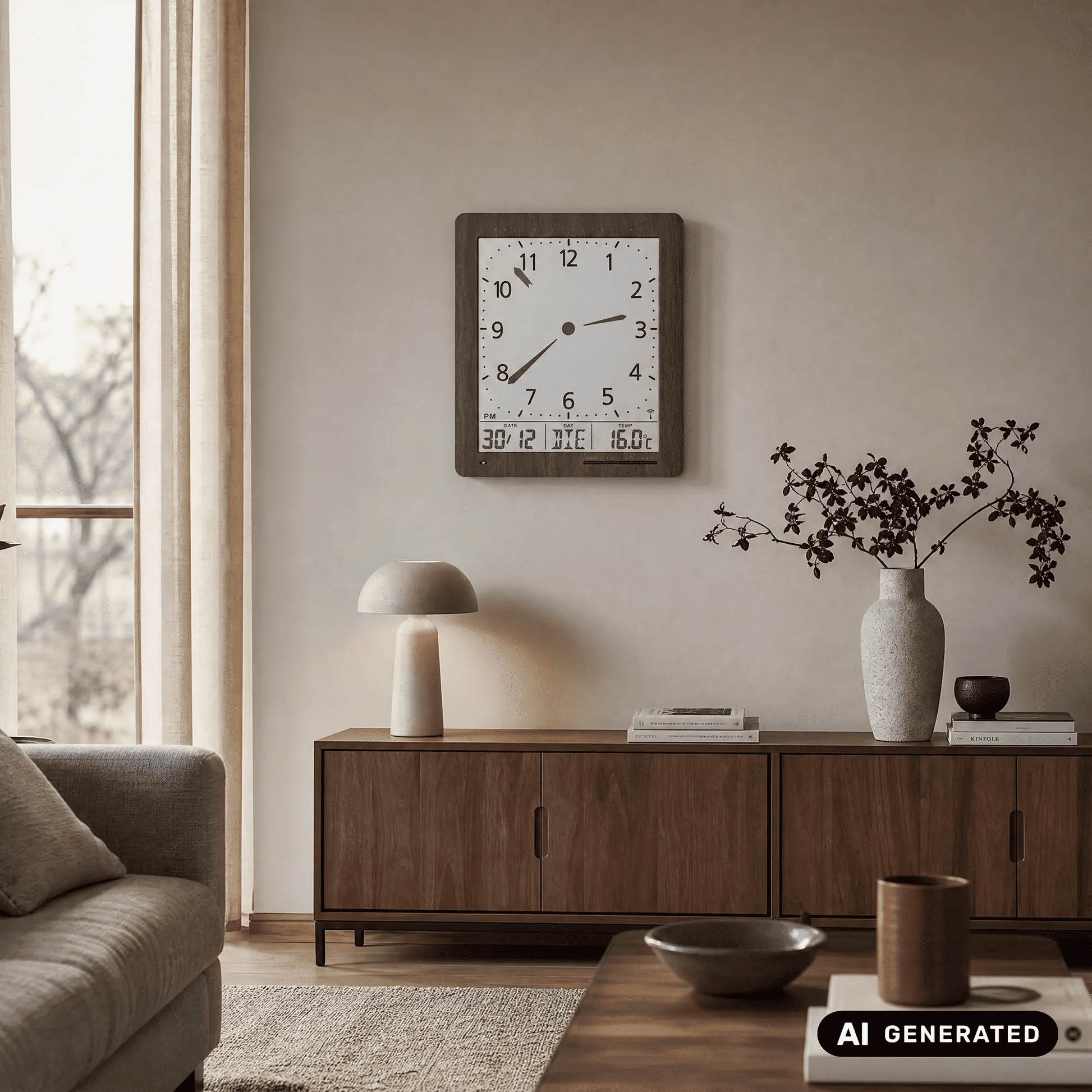Wanduhr mit Holzrahmen über dem Sideboard; analoge Zeiger und Anzeige für Datum und 16,0 °C