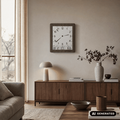 Wanduhr mit Holzrahmen über dem Sideboard; analoge Zeiger und Anzeige für Datum und 16,0 °C