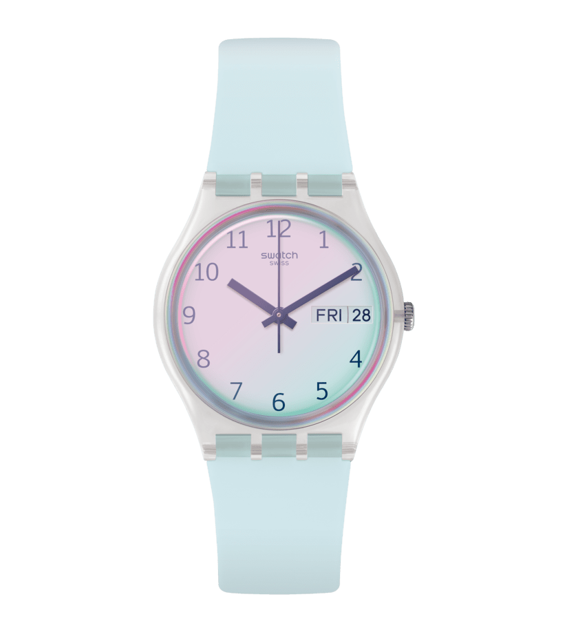 Swatch Originals GE713 Damen Armbanduhr Hellblau • Swatch Solar Spectrum Glas • Leichtes Silikonarmband