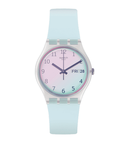 Swatch Originals GE713 Damen Armbanduhr Hellblau • Swatch Solar Spectrum Glas • Leichtes Silikonarmband