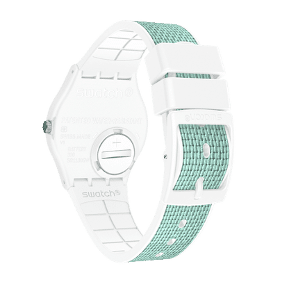 Swatch Originals GW714 Armbanduhr Weiß • Türkises Zifferblatt • Silikon-Armband mit Stoffeinlage, Bild 4