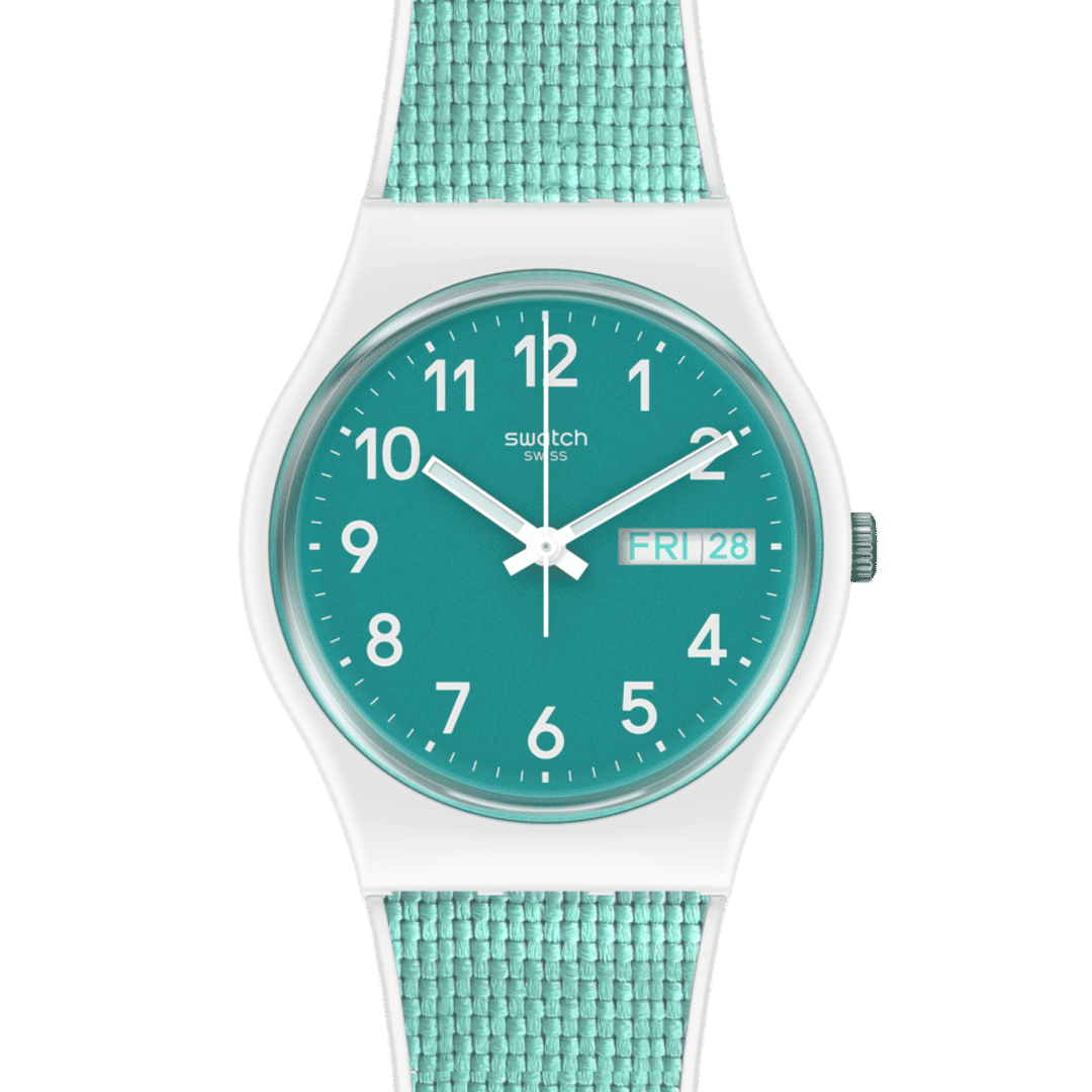 Swatch Originals GW714 Armbanduhr Weiß • Türkises Zifferblatt • Silikon-Armband mit Stoffeinlage, Bild 2