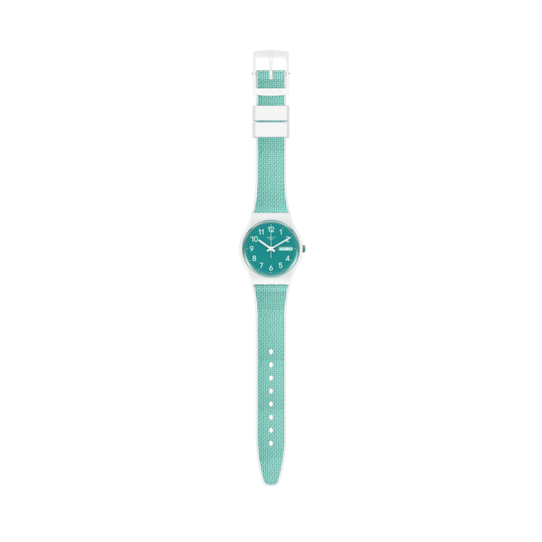 Swatch Originals GW714 Armbanduhr Weiß • Türkises Zifferblatt • Silikon-Armband mit Stoffeinlage, Bild 3