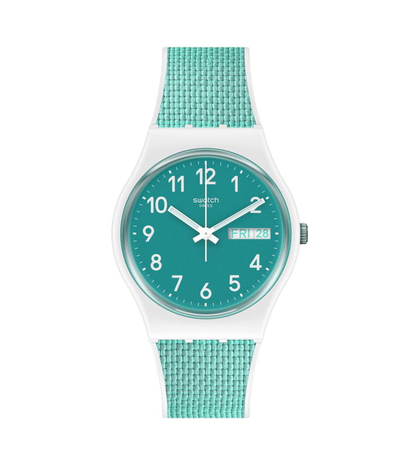 Swatch Originals GW714 Armbanduhr Weiß • Türkises Zifferblatt • Silikon-Armband mit Stoffeinlage