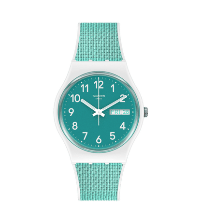 Swatch Originals GW714 Armbanduhr Weiß • Türkises Zifferblatt • Silikon-Armband mit Stoffeinlage
